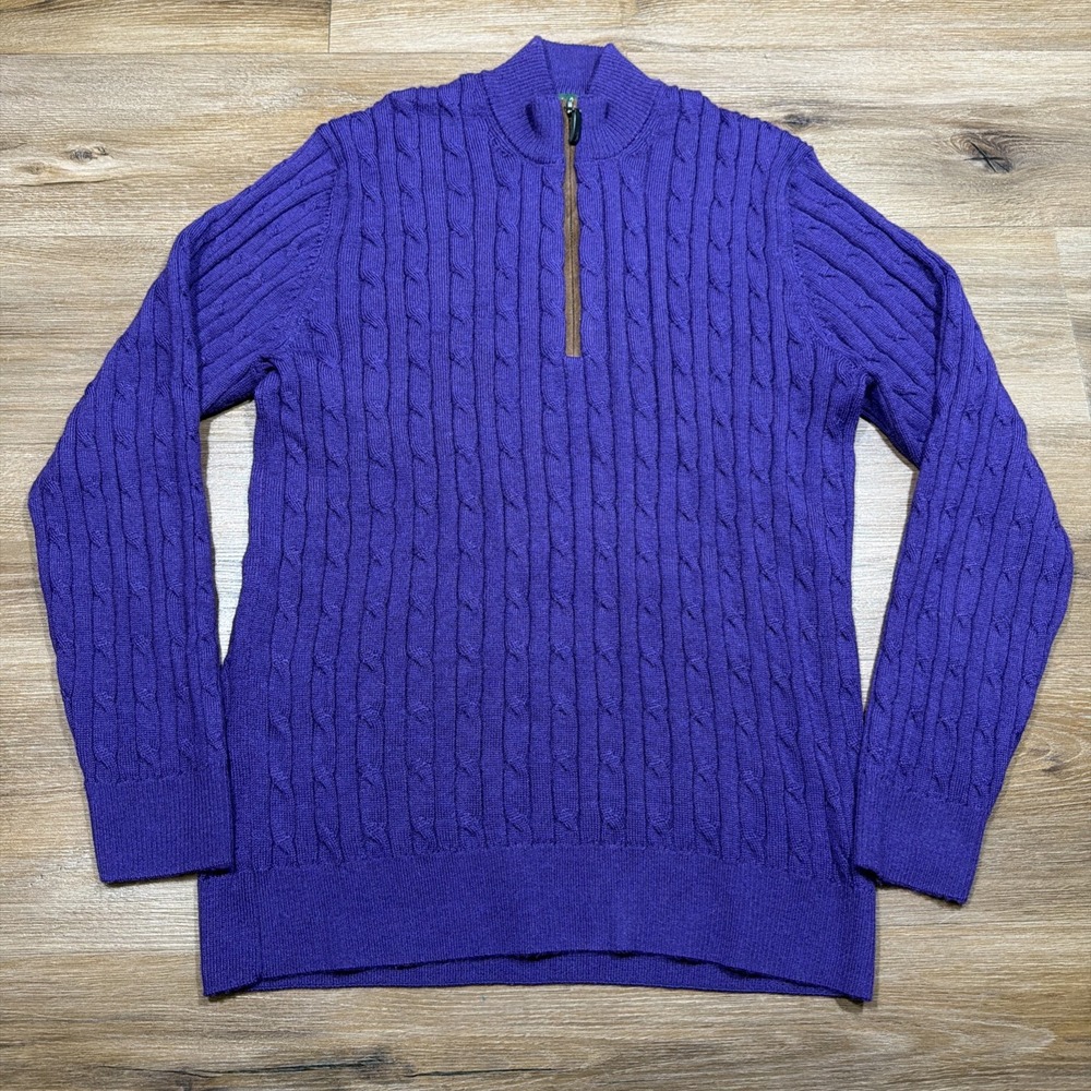 Bobby Jones Men's LARGE 100% Baby Alpaca Wool Cable Knit 1/4 Zip Sweater Purple